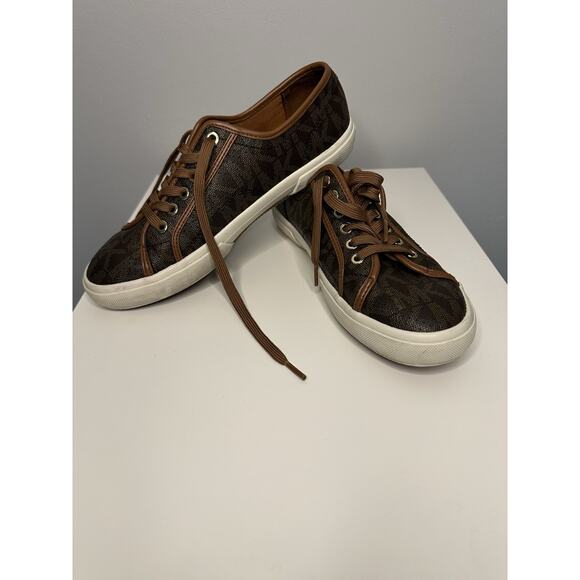 Michael Kors Brown Signature MK Logo Leather Sneaker Tennis Shoes Brown Gold 8.5 - Picture 1 of 10